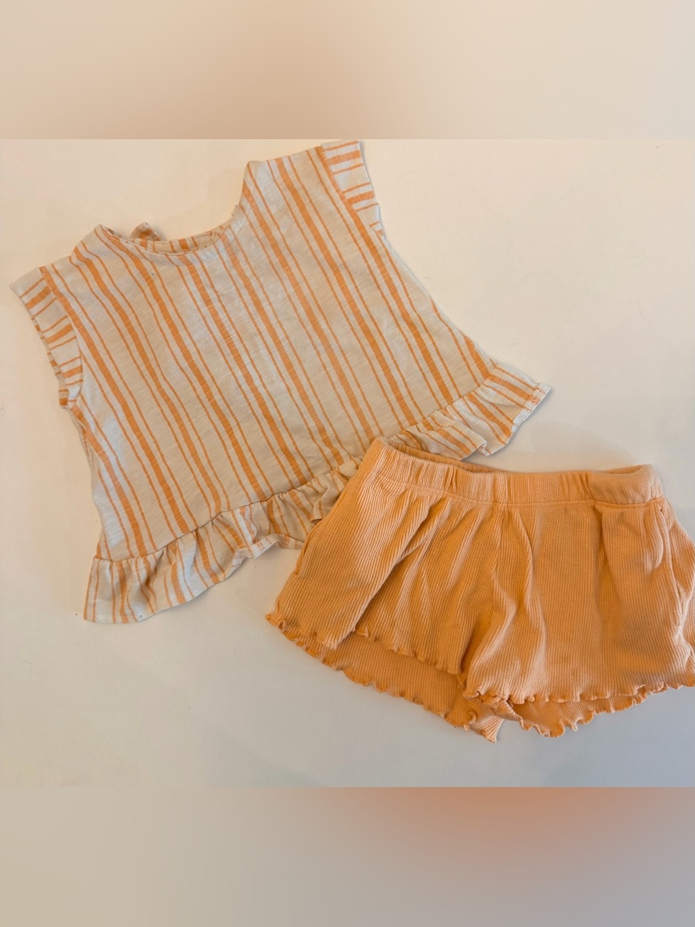 Jessica Simpson Cream & Peach Striped Ruffle Top with Peach Ribbed Shorts